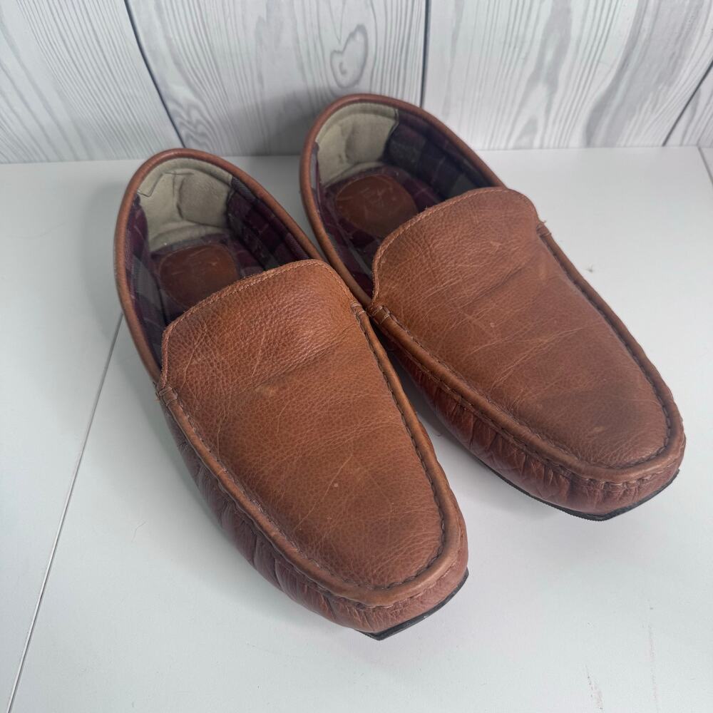 LL Bean Men’s Chestnut Leather Slipper Plaid Lined Style 284366 Size 12 Comfort